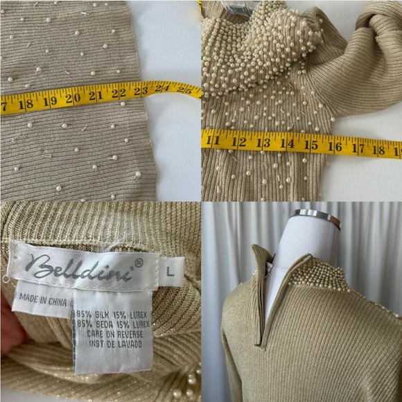 Vintage Silk Belldini Pearl Embellished Metallic Ribbed Mock neck sweater large - Picture 8 of 8